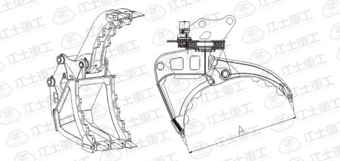 Excavator-Hydraulic-Bucket-Rock-Grapple-with-thumb-CAD-drawing